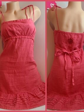 VTG Guess 100% Linen Ruffle Tie Shoulder Mini Dress Juniors Size 7